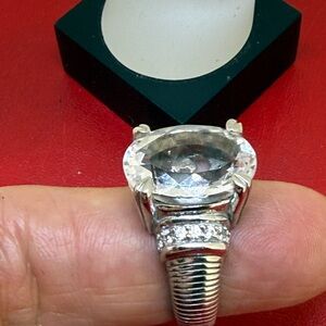 JUDITH RIPKA Sterling Silver Cocktail Ring  CLEAR Stone CZ Side Stones Size 7